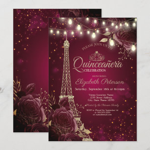 Glänzender Eiffelturm, Burgunder Rosen Quinceañera Einladung