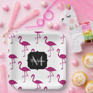 Glänzender Flamingo Rosa Glitter Funken Monogramm Pappteller