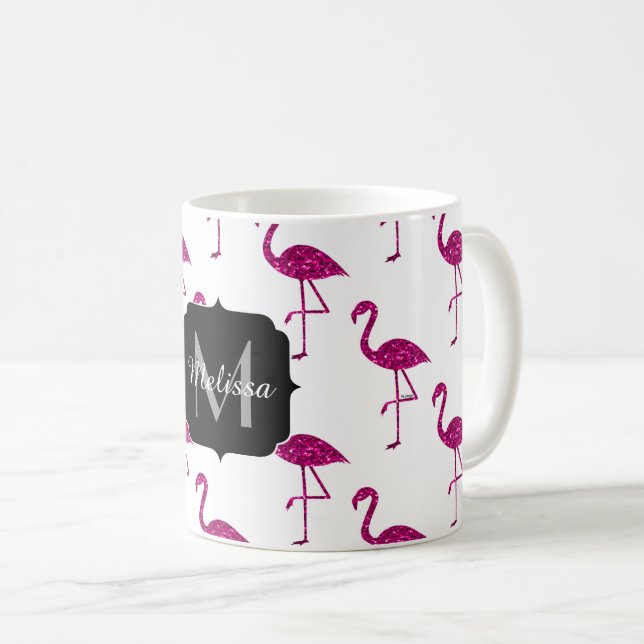 Glänzender Flamingo Rosa Glitzer Muster Monogramm Kaffeetasse (VorderseiteRechts)