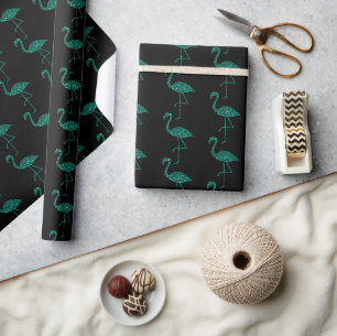 Glänzender Flamingo Smaragd Glitter Muster schwarz Geschenkpapier