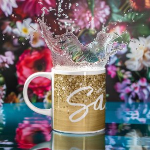 Glänzender Gold-Glamour-Bürstenschriftname Kaffeetasse