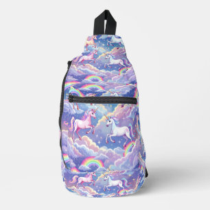 Glänzender Regenbogen und Einhörner auf Wolken Crossbody Bag