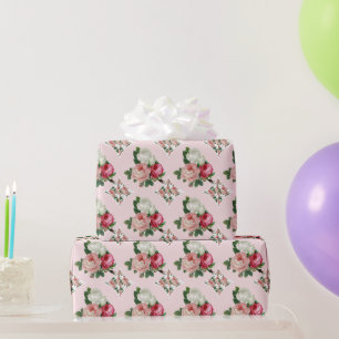 Glänzender Retro-Chic Rosa und Weiße Rosenblüten Geschenkpapier