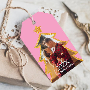 Glänzender rosa Weihnachtsbaum personalisiertes Fo Geschenkanhänger