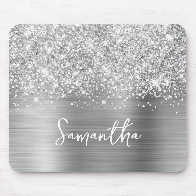 Glänzender Silber Glam Name Mousepad (Vorne)