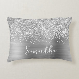 Glänzender Silber Glam Schrift Name Dekokissen