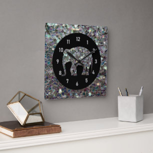 Glänzender silberner Mosaik-glitzer Elefant Quadratische Wanduhr