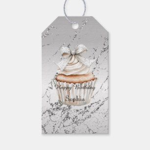 Glänzender Silberweißer Cupcake-Bogen Geburtstag Geschenkanhänger