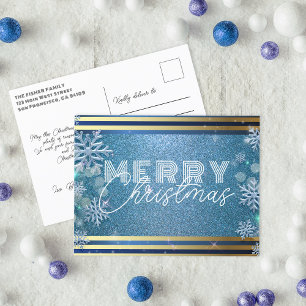 Glänzendes blaues Glitter-Silber-Schneeflocken-Wei Feiertagspostkarte