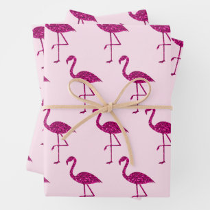 Glänzendes Flamingo-Glittermuster rosa Geschenkpapier Set