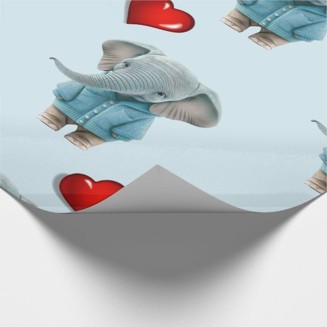 Glänzendes Geschenkpapier Blau Elefant Rote Herzen (Ecke)