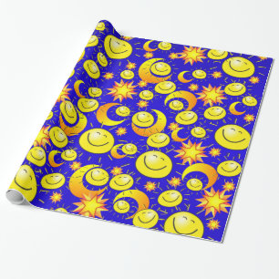 Glänzendes Geschenkpapier, Sonne Mond Gelbe Sterne Geschenkpapier