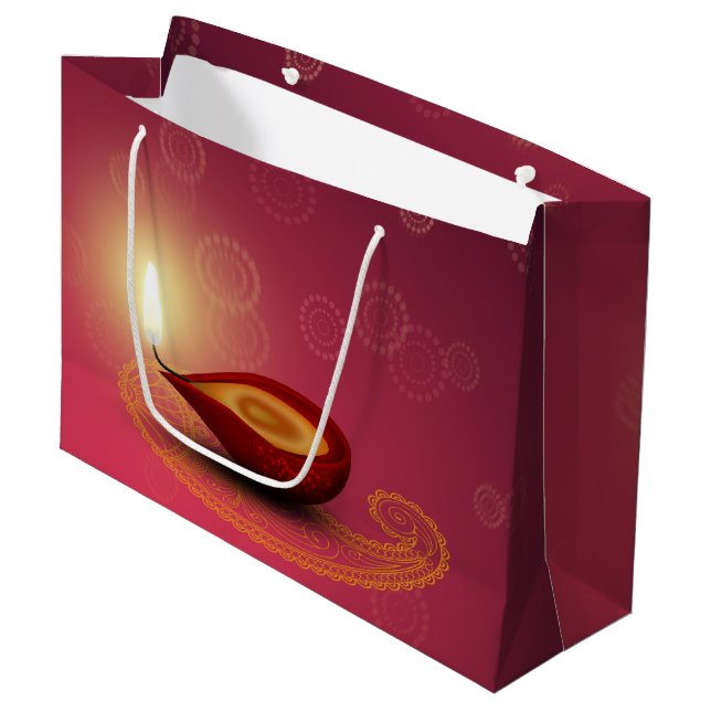 Glänzendes glückliches Diwali Diya - große Geschenktüte (Vorderseite Schrägansicht)