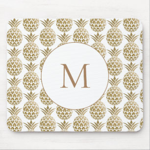 Glänzendes Gold-Ananas-Muster Weißes Monogramm Mousepad