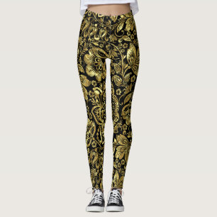Glänzendes Gold auf schwarzem floralem Damastmuste Leggings