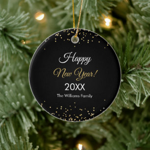 Glänzendes Gold Frohes Neues Jahr Schwarz Keramik Ornament