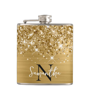 Glänzendes Gold Glam Monogramm Flachmann
