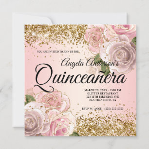 Glänzendes Gold Glitter Blush Pink Florales Quince Einladung