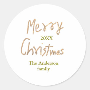 Glänzendes goldenes frohe Weihnachten Familienname Runder Aufkleber