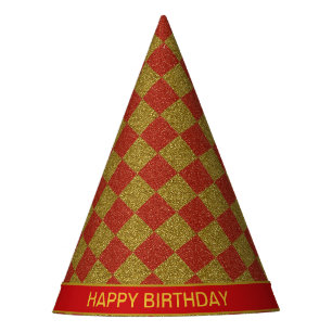 Glänzendes goldenes und rotes Diamantmuster Geburt Partyhütchen