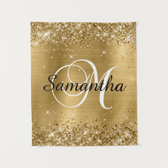 Glänzendes Goldfolie Klassisches Skript M Monogram Wandteppich (Vorderseite)
