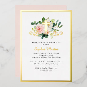 Glänzendes Goldkreuz Rosa Floral Taufe Folieneinladung