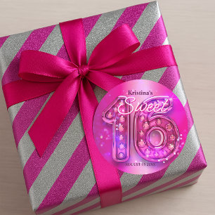 Glänzendes heißrosa Juwel Sweet Sixteen Runder Aufkleber