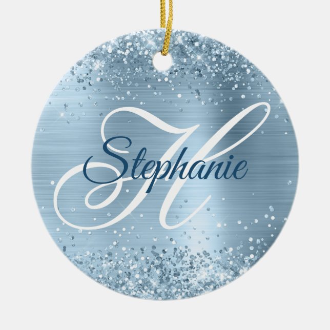 Glänzendes Hellblau-Folie-Fancy-Monogramm Keramik Ornament (Vorne)