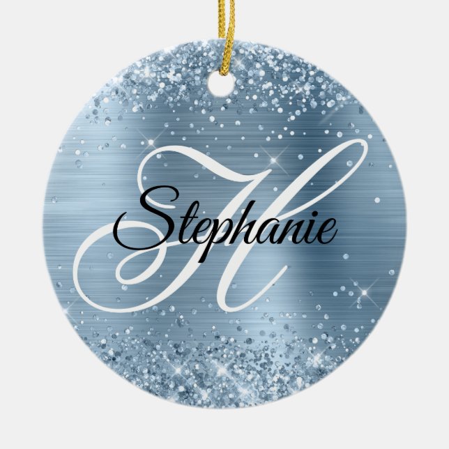 Glänzendes Hellblaues Folien-Fancy-Monogramm Keramik Ornament (Vorne)