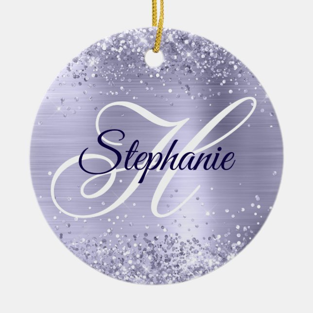 Glänzendes helles Metallic-Lila-fancy Monogramm Keramik Ornament (Vorne)