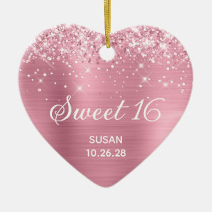 Glänzendes klassisches rosa Folien-Sweet-16-Photo Keramik Ornament