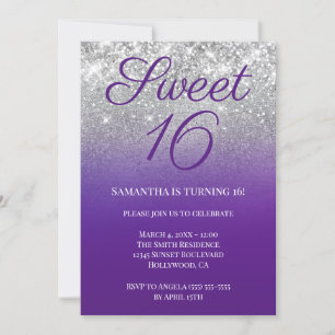 Glänzendes königliches Lila Silber Ombre Sweet 16 Einladung