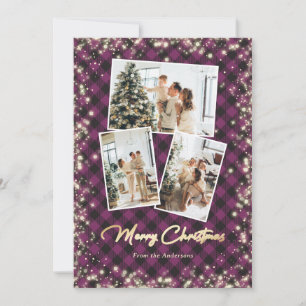 Glänzendes lila Karo Gold 3 Foto Frohe Weihnachten