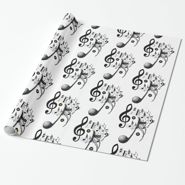 glänzendes Papier, Schwarz-Weiß-Musiknoten Geschenkpapier (Ungerollt)