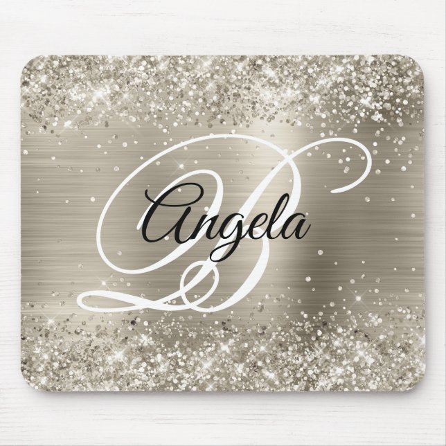 Glänzendes Platin Monogramm mit Bürstenfolie Mousepad (Vorne)
