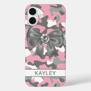 Glänzendes Rosa Graues Tarnmuster Personalisiert iPhone 16 Plus Hülle