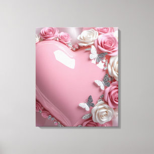 Glänzendes rosa Herz mit Rosen Schmetterlinge Roma Leinwanddruck