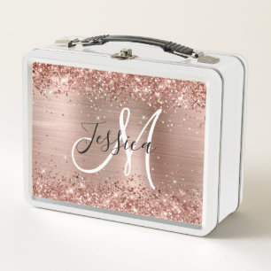 Glänzendes Roségold-Folie Schwarz-Weiß-Monogramm Metall Brotdose