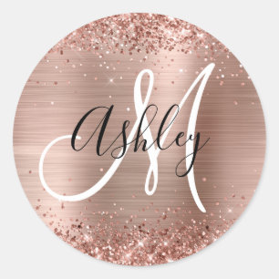 Glänzendes Roségold-Folie Schwarz-Weiß-Monogramm Runder Aufkleber