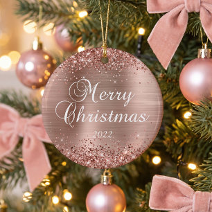 Glänzendes Roségold-Folien-Frohe-Weihnachten-Foto Keramik Ornament