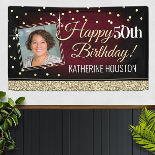 Glänzendes Rot und Gold Happy Birthday Banner