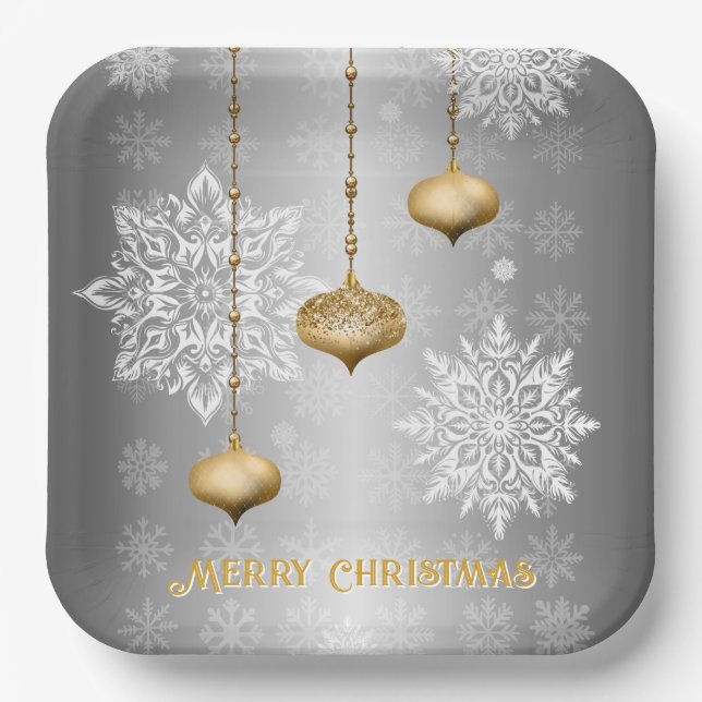 Glänzendes Silber Frohe Weihnachten  Pappteller (Vorderseite)