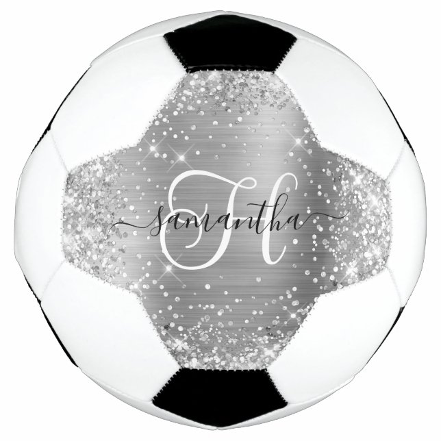 Glänzendes Silber Glam Monogramm Fußball (Vorderseite)