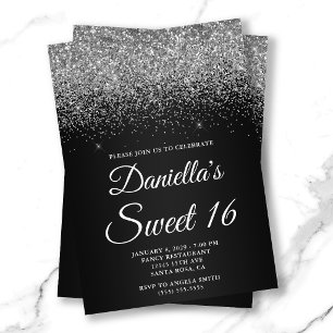 Glänzendes Silber-Glitter Schwarz-Verlauf Sweet 16 Einladung