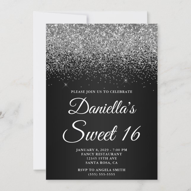 Glänzendes Silber-Glitter Schwarz-Verlauf Sweet 16 Einladung (Vorderseite)