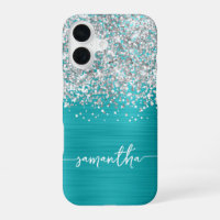 Glänzendes Silber Glitter Türkis Blau Glam Name