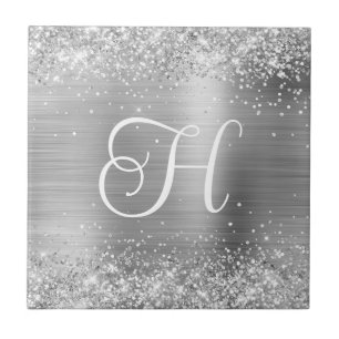 Glänzendes Silber Glitter und Folien-Monogramm Fliese