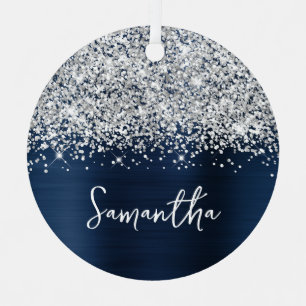 Glänzendes Silber Navy Blau Glam Name Ornament Aus Metall