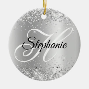 Glänzendes Silber-Schimmer-Fancy-Monogramm Keramik Ornament