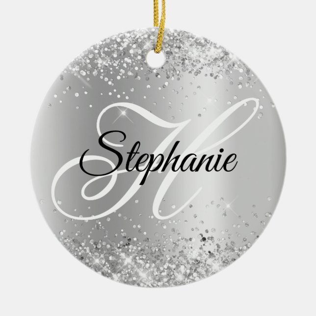 Glänzendes Silber-Schimmer-Fancy-Monogramm Keramik Ornament (Vorne)
